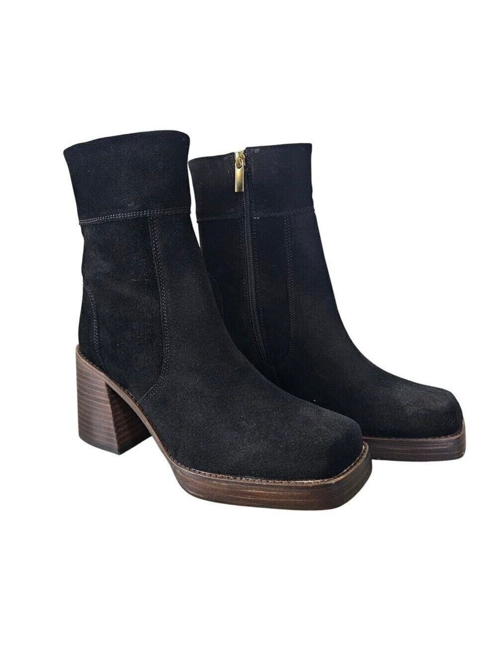 ASOS Design Region Black Suede Leather Square Toe Chunky Heel Ankle Boots